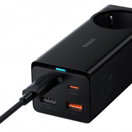 „Baseus GaN3 Pro 65W“ įkrovimo stotelė su USB-C ir USB-A jungtimis, 1 m ilgio ir 100 W ilgio laidu (juoda).