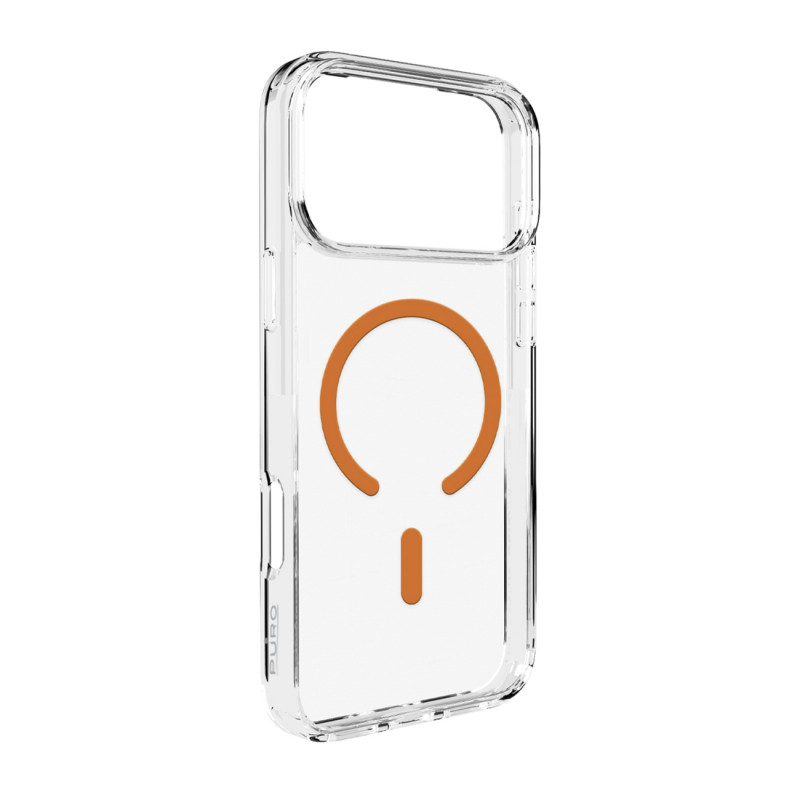 „Puro Lite Mag TPU+PC“ dėklas, suderinamas su „MagSafe“, skirtas „iPhone 17 Pro Max“ – skaidrus su oranžiniu žiedu