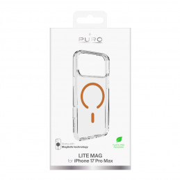 „Puro Lite Mag TPU+PC“ dėklas, suderinamas su „MagSafe“, skirtas „iPhone 17 Pro Max“ – skaidrus su oranžiniu žiedu