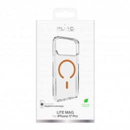 „Puro Lite Mag TPU+PC“ dėklas, suderinamas su „MagSafe“, skirtas „iPhone 17 Pro“ – skaidrus su oranžiniu žiedu