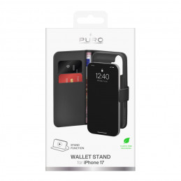 „Puro Wallet Stand“ dėklas, skirtas „iPhone 17“, pagamintas iš eko odos, su atvartu, piniginės ir stovo funkcija – juoda...