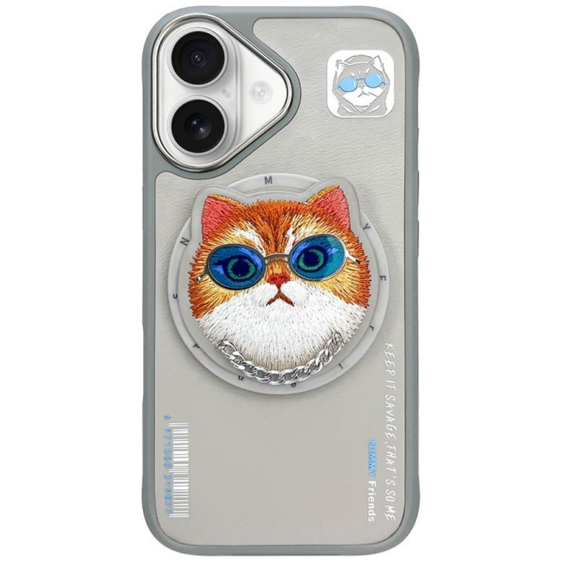 „Nimmy Glasses“ stilingas katino formos „MagSafe“ dėklas, skirtas „iPhone 16“ – pilkas