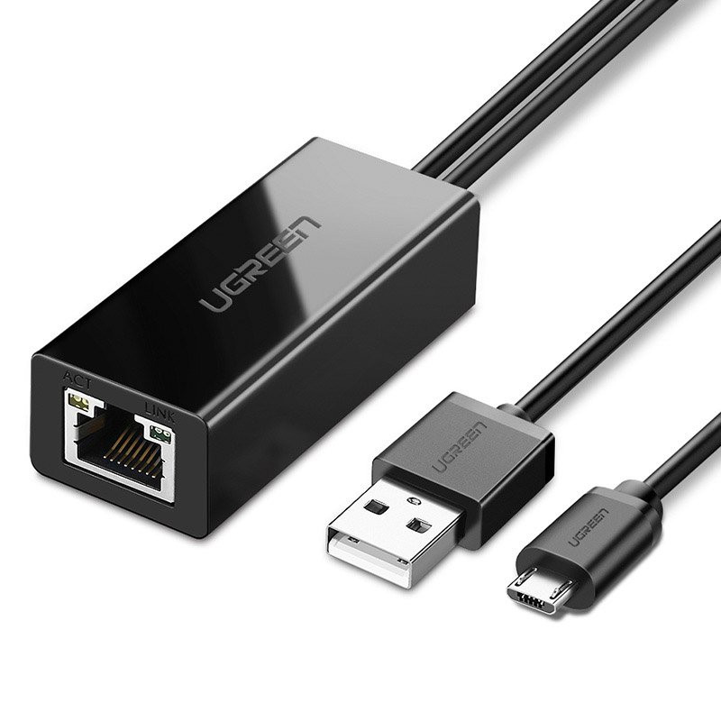 Ugreen 30985 išorinė tinklo plokštė skirta Chromecast su mikro USB / USB-A jungtimis 100Mb/ s 1m - juoda