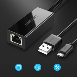 Ugreen 30985 išorinė tinklo plokštė skirta Chromecast su mikro USB / USB-A jungtimis 100Mb/ s 1m - juoda