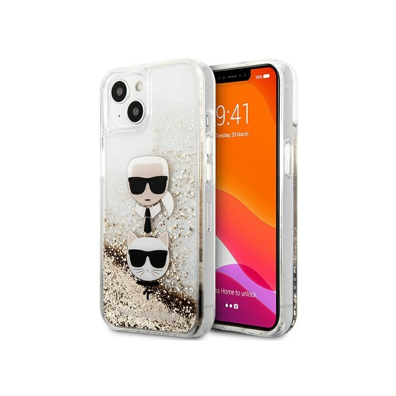 Karl Lagerfeld Liquid Glitter Karl&Choupette Head dėklas iPhone 13 mini - auksinis