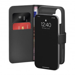 „Puro Wallet Stand“ dėklas, skirtas „iPhone 17“, pagamintas iš eko odos, su atvartu, piniginės ir stovo funkcija – juoda...