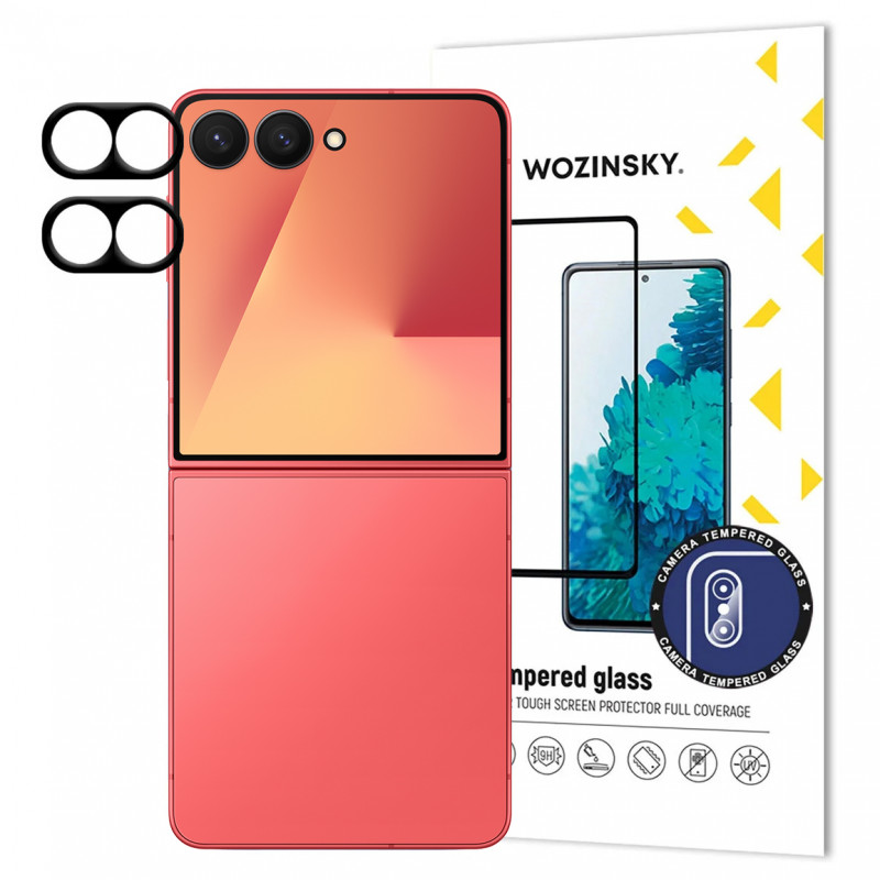 Juodas „Wozinsky“ viso fotoaparato stiklas, skirtas „Samsung Galaxy Z Flip 7“, 2 vnt. rinkinys