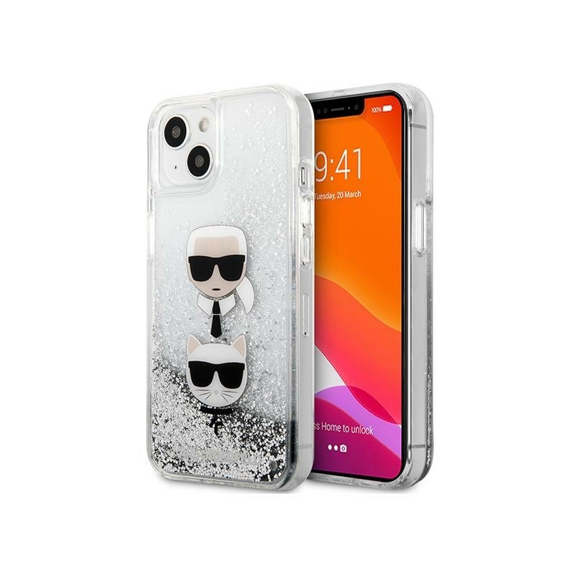 Karl Lagerfeld Liquid Glitter Karl&Choupette Head dėklas iPhone 13 mini - sidabrinis