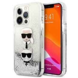 Karl Lagerfeld Liquid Glitter Karl&Choupette Head dėklas iPhone 13 Pro Max - sidabras