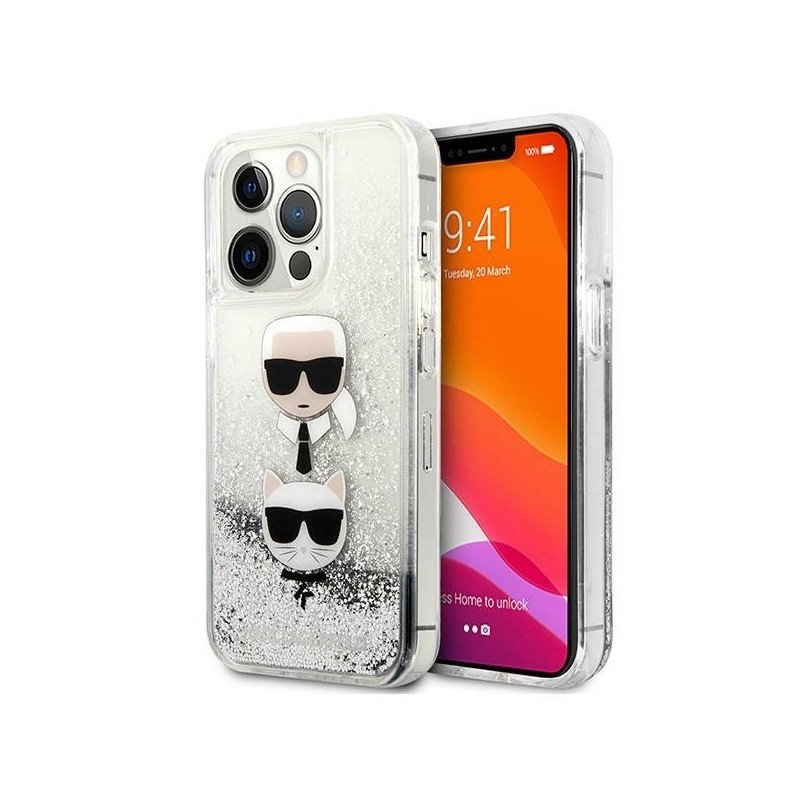 Karl Lagerfeld Liquid Glitter Karl&Choupette Head dėklas iPhone 13 Pro Max - sidabras