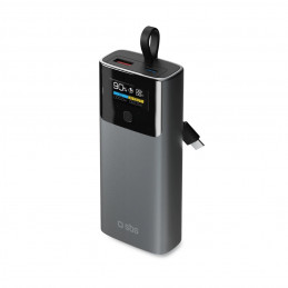 SBS 10000mAh PD 20W išorinė baterija su LCD ekranu ir integruotu USB-C laidu - pilka