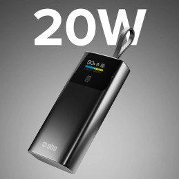 SBS 10000mAh PD 20W išorinė baterija su LCD ekranu ir integruotu USB-C laidu - pilka