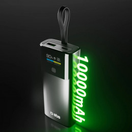 SBS 10000mAh PD 20W išorinė baterija su LCD ekranu ir integruotu USB-C laidu - pilka