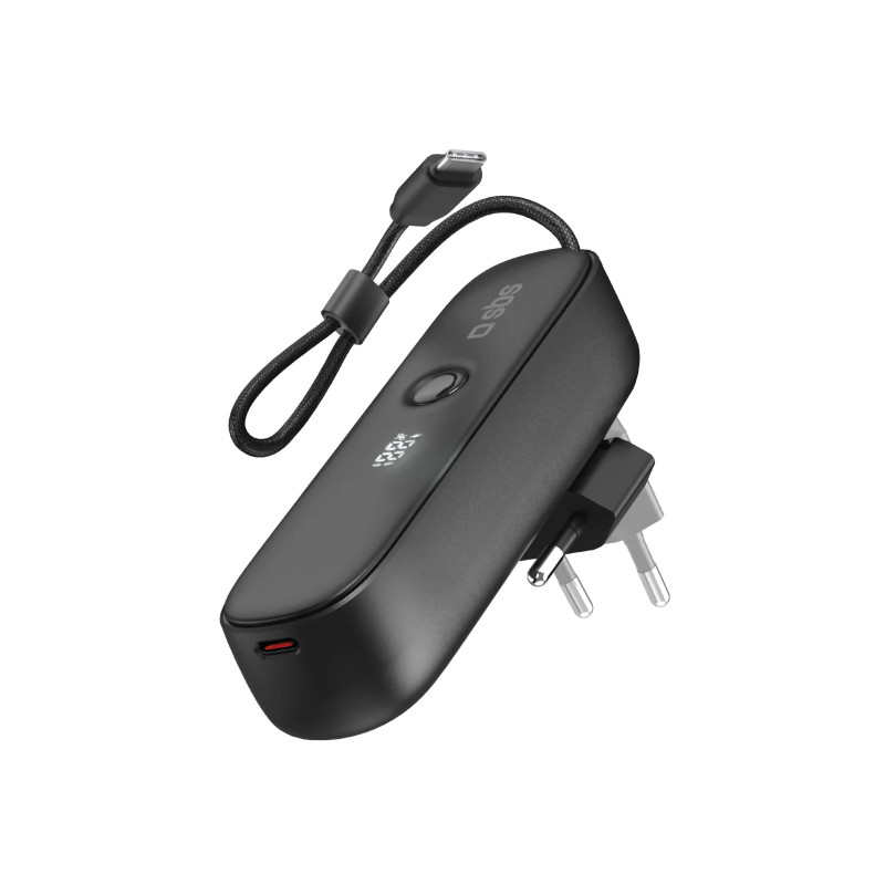 SBS Hybrid PD 20W 5000mAh išorinė baterija su įmontuotu laidu ir sulankstomu kištuku - juoda