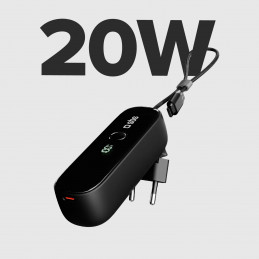 SBS Hybrid PD 20W 5000mAh išorinė baterija su įmontuotu laidu ir sulankstomu kištuku - juoda