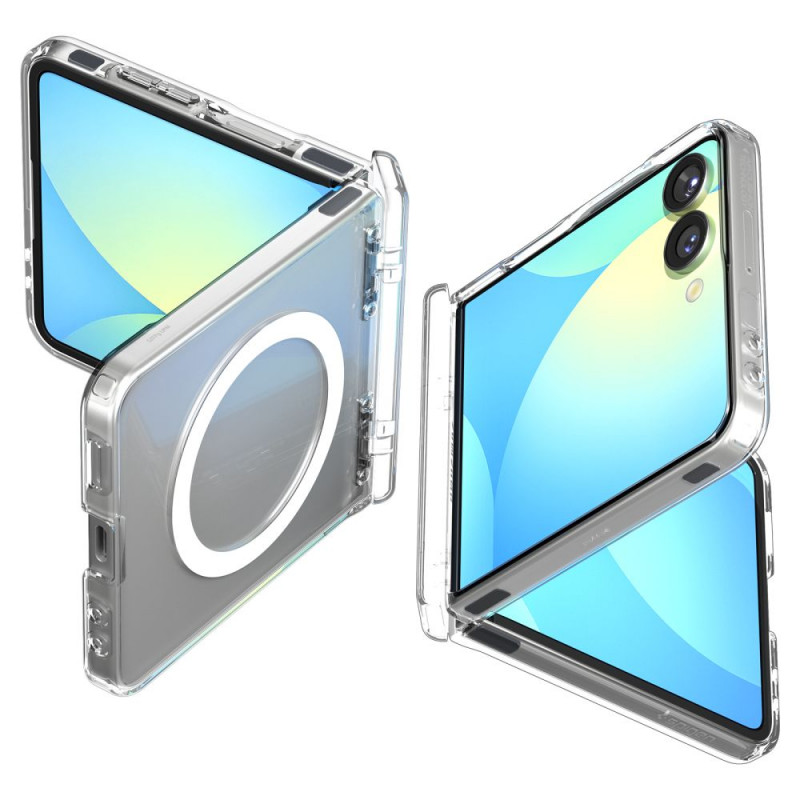 „Spigen Ultra Hybrid Pro Mag MagSafe“ dėklas, skirtas „Samsung Galaxy Z Flip 7“ – skaidrus ir baltas