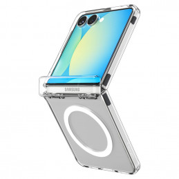 „Spigen Ultra Hybrid Pro Mag MagSafe“ dėklas, skirtas „Samsung Galaxy Z Flip 7“ – skaidrus ir baltas