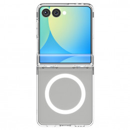 „Spigen Ultra Hybrid Pro Mag MagSafe“ dėklas, skirtas „Samsung Galaxy Z Flip 7“ – skaidrus ir baltas