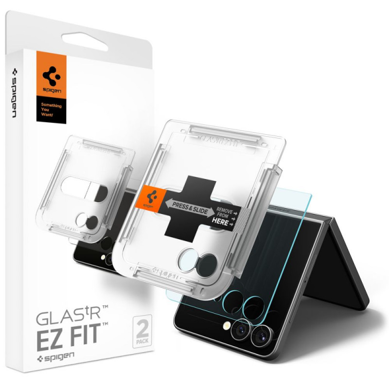 „Spigen Glas.TR EZ Fit HD“ grūdinto stiklo 2 vnt. pakuotė, skirta „Samsung Galaxy Z Flip 7“ - skaidrus