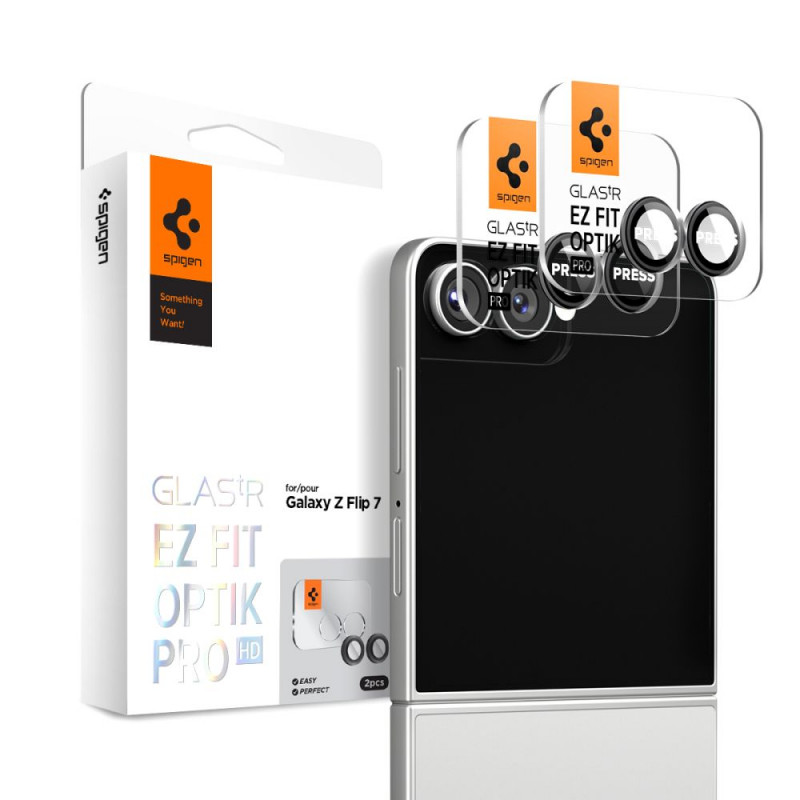 „Spigen Optik Pro HD Glas.TR EZ Fit“ 2 kameros apsauginių stikliukų rinkinys, skirtas „Samsung Galaxy Z Flip 7“ – juodas