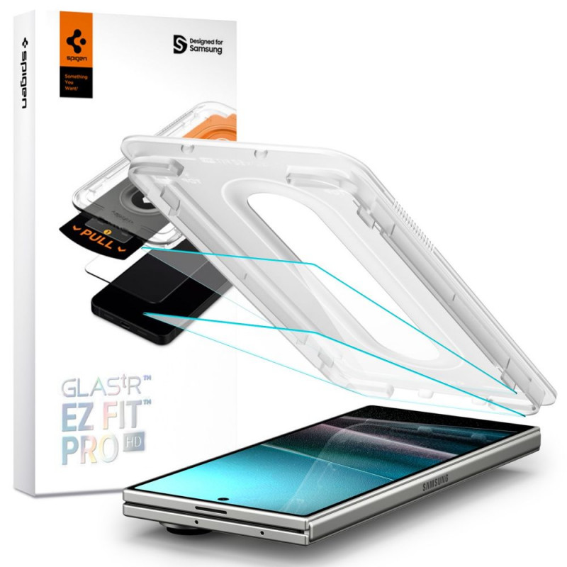 „Spigen Glas.TR EZ Fit Pro HD“ grūdinto stiklo 2 vnt. pakuotė, skirta „Samsung Galaxy Z Fold 7“ - skaidrus