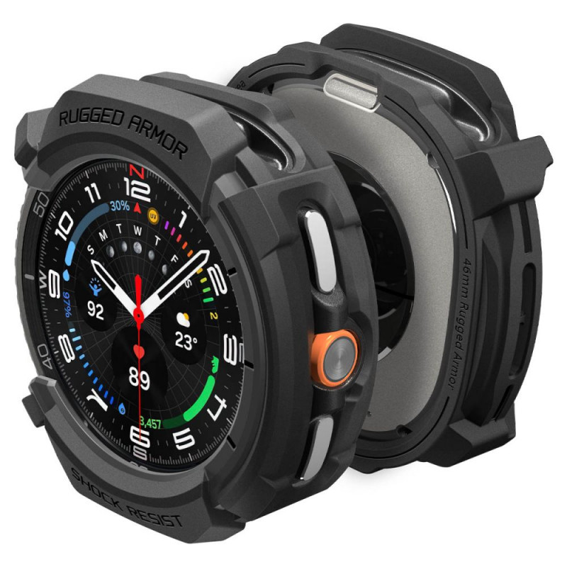 „Spigen Rugged Armor“ dėklas, skirtas „Samsung Galaxy Watch 8 Classic“ 46 mm laikrodžiui – matinės juodos spalvos