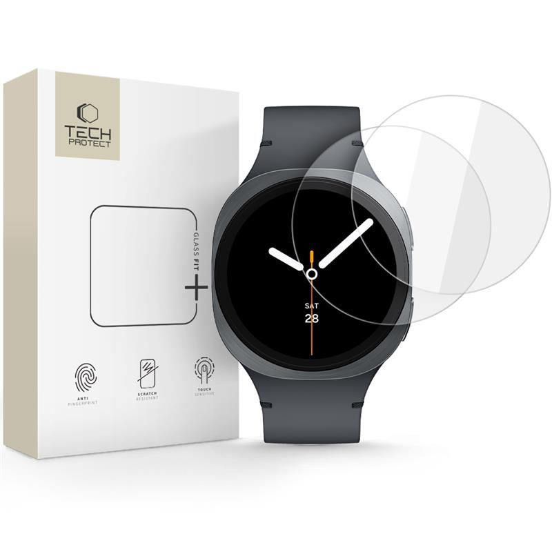 „Tech-Protect Glass Fit+“ 2 grūdinto stiklo pakuotė, skirta „Samsung Galaxy Watch 8“ (44 mm) – skaidri