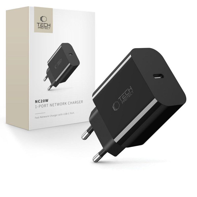 „Tech-Protect NC20W USB-C“ 1 prievado PD20W sieninis įkroviklis – juodas
