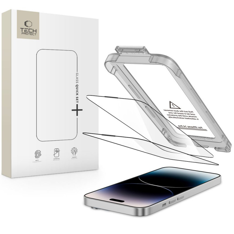 „Tech-Protect Quick Set+“ 2 grūdinto stiklo pakuotė, skirta „iPhone 14 Pro“ – juoda