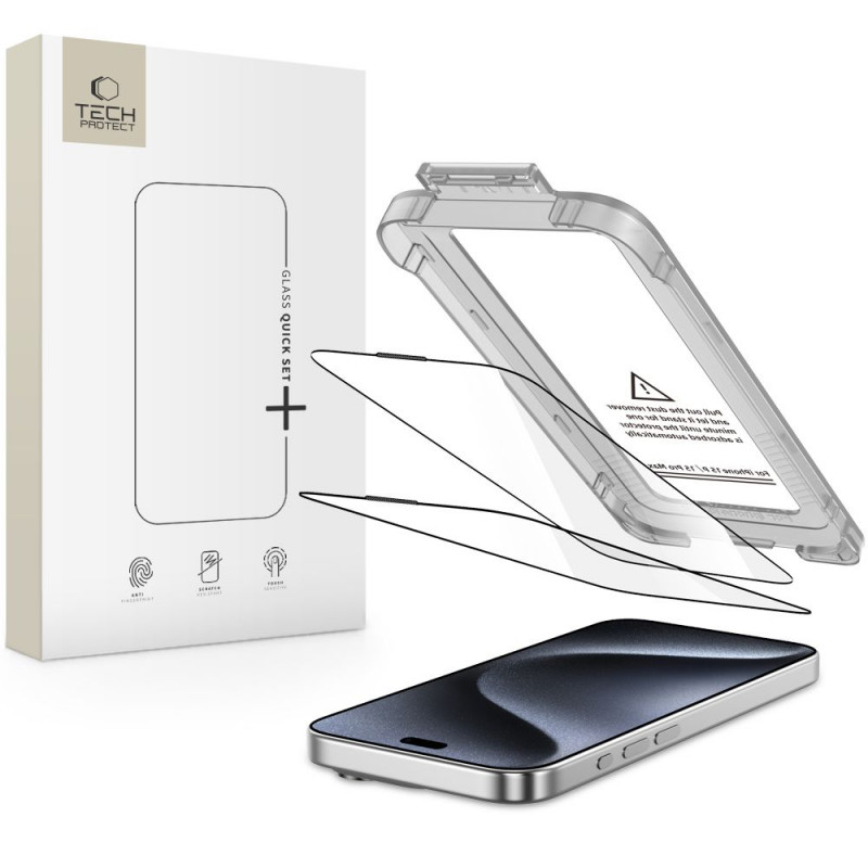 „Tech-Protect Quick Set+“ 2 grūdinto stiklo pakuotė, skirta „iPhone 15 Pro“ – juoda