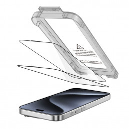 „Tech-Protect Quick Set+“ 2 grūdinto stiklo pakuotė, skirta „iPhone 15 Pro“ – juoda