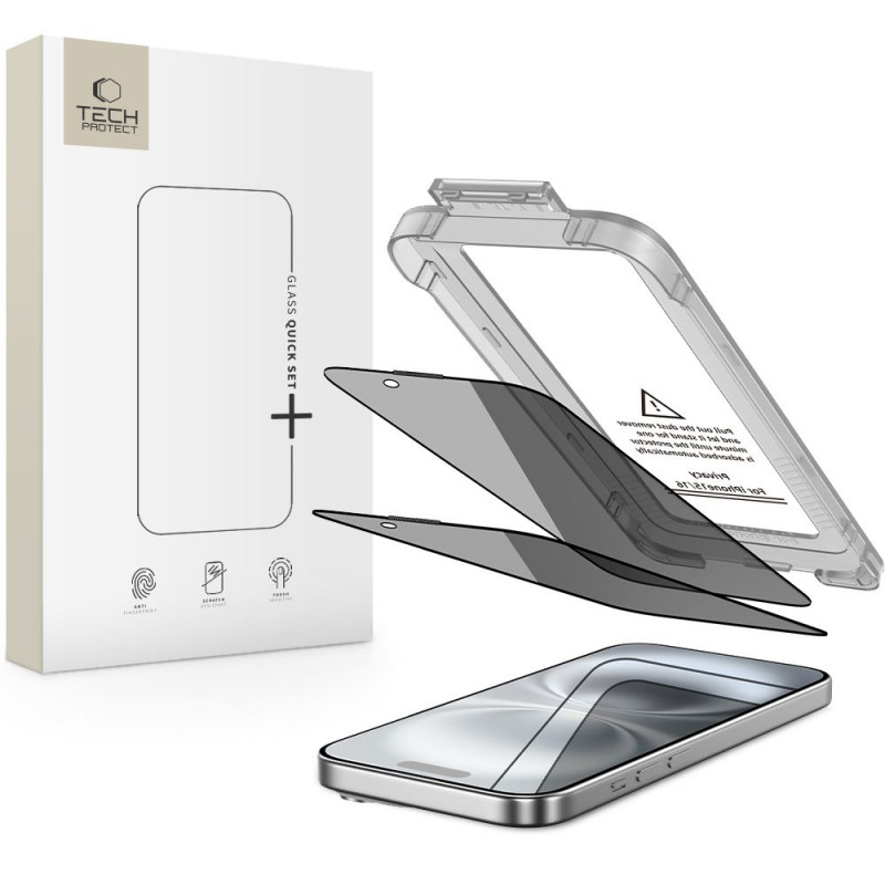 „Tech-Protect Quick Set Spy+“ privatumo stiklų, skirtų „iPhone 15“ / „16“, 2 vnt. pakuotėje