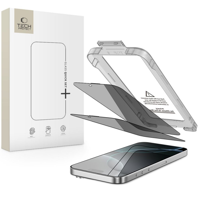 „Tech-Protect Quick Set Spy+“ privatumo stiklų, skirtų „iPhone 16 Pro Max“, 2 vnt. pakuotėje