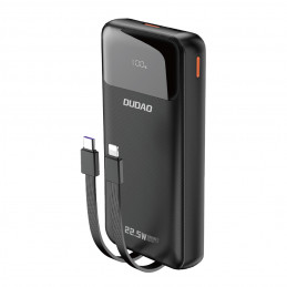 „Dudao K15Pro“ išorinė baterija, 20000mAh, 22,5W, PD USB-C / USB-A / su integruotu „Lightning“ ir USB-C laidu – juoda