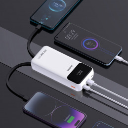„Dudao K15Pro“ išorinė baterija, 20000mAh, 22,5W, PD USB-C / USB-A / su integruotu „Lightning“ ir USB-C laidu – balta