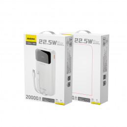 „Dudao K15Pro“ išorinė baterija, 20000mAh, 22,5W, PD USB-C / USB-A / su integruotu „Lightning“ ir USB-C laidu – balta