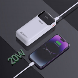„Dudao K15Pro“ išorinė baterija, 20000mAh, 22,5W, PD USB-C / USB-A / su integruotu „Lightning“ ir USB-C laidu – balta