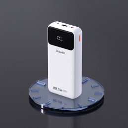 „Dudao K15Pro“ išorinė baterija, 20000mAh, 22,5W, PD USB-C / USB-A / su integruotu „Lightning“ ir USB-C laidu – balta