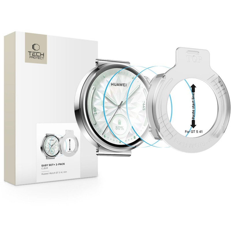 „Tech-Protect Easy Set+“ 2 grūdinto stiklo pakuotė, skirta „Huawei Watch GT 5 41 mm“ – skaidri.