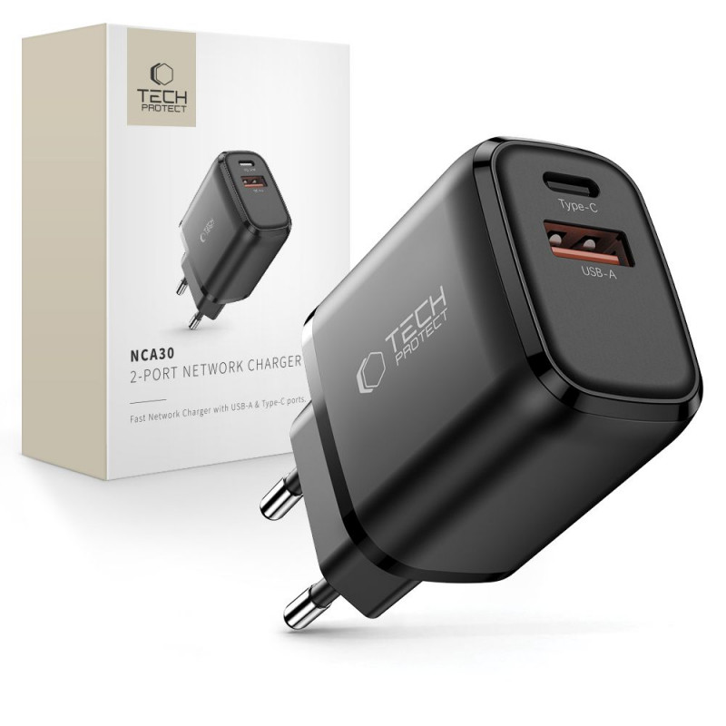 „Tech-Protect NCA30 PD 30W / QC3.0 USB-A / USB-C“ sieninis įkroviklis – juodas