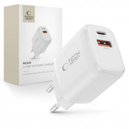 „Tech-Protect NCA30 PD 30W QC3.0 USB-A / USB-C“ sieninis įkroviklis – baltas