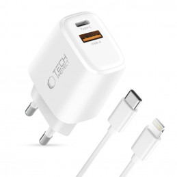 „Tech-Protect NCA30 PD 30W QC3.0 USB-A / USB-C“ sieninis įkroviklis + USB-C / „Lightning“ laidas, 100 cm, baltas