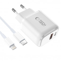 „Tech-Protect NCA30 PD 30W QC3.0 USB-A / USB-C“ sieninis įkroviklis + USB-C / „Lightning“ laidas, 100 cm, baltas
