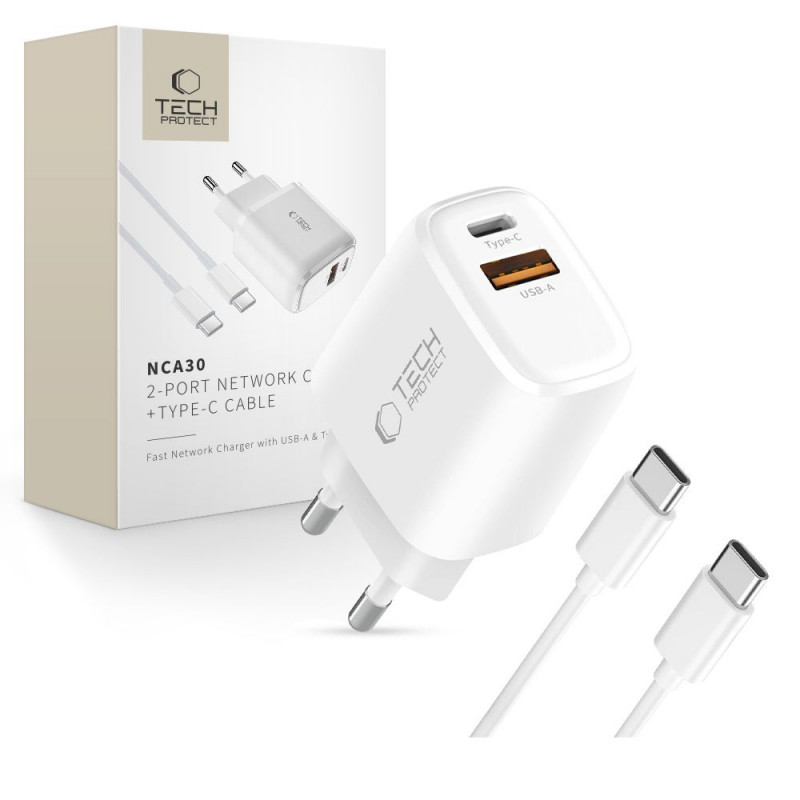 „Tech-Protect NCA30 PD 30W QC3.0 USB-A / USB-C“ sieninis įkroviklis + USB-C / USB-C laidas, 100 cm, baltas