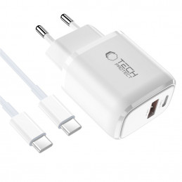 „Tech-Protect NCA30 PD 30W QC3.0 USB-A / USB-C“ sieninis įkroviklis + USB-C / USB-C laidas, 100 cm, baltas