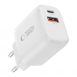 „Tech-Protect NCA30 PD 30W QC3.0 USB-A / USB-C“ sieninis įkroviklis + USB-C / USB-C laidas, 100 cm, baltas