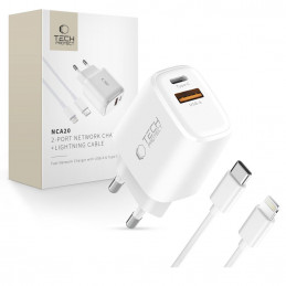 „Tech-Protect NCA20 PD 20W QC3.0 USB-A / USB-C“ sieninis įkroviklis + USB-C / „Lightning“ laidas, 100 cm, baltas