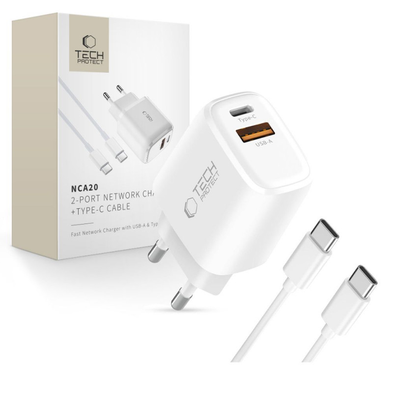 „Tech-Protect NCA20 PD 20W QC3.0 USB-A / USB-C“ sieninis įkroviklis + USB-C / USB-C laidas, 100 cm, baltas