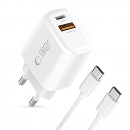 „Tech-Protect NCA20 PD 20W QC3.0 USB-A / USB-C“ sieninis įkroviklis + USB-C / USB-C laidas, 100 cm, baltas