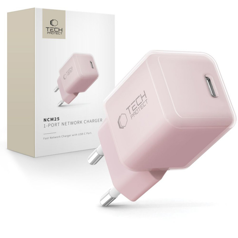 „Tech-Protect NCM25 USB-C PD 25W“ sieninis įkroviklis – rožinis